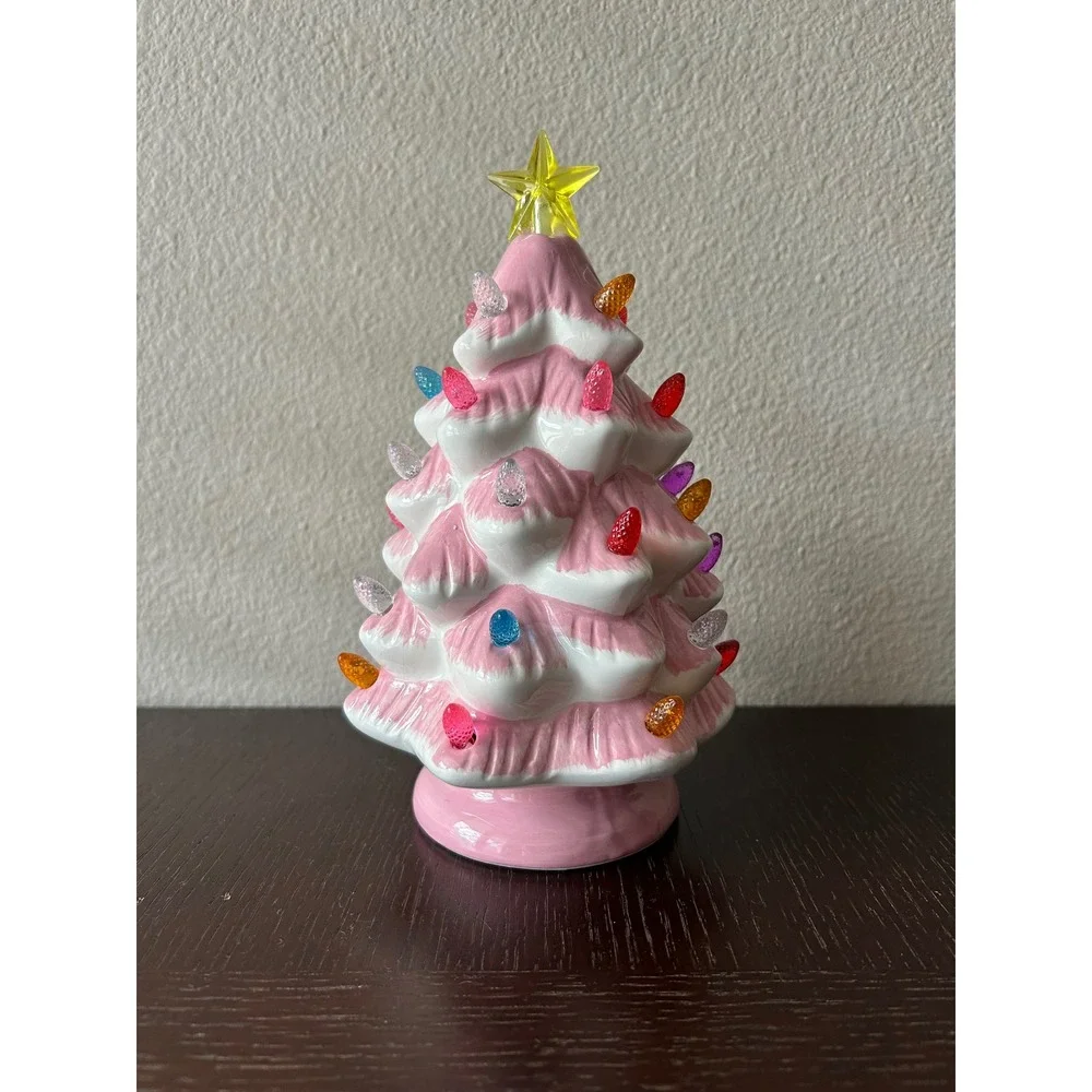 Retro Pink Glaze Ceramic Led Light Up Charming Christmas Tree Decor